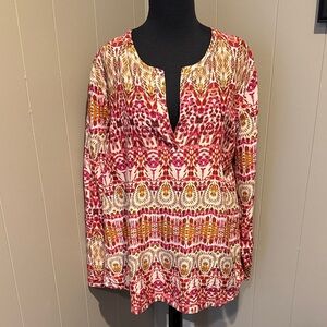 Garnet Hill Women 16 Vibrant Red and Pink V Neck Pleated Boho Blouse